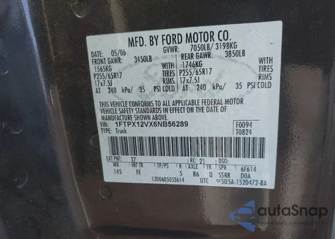 2006 Ford F-150 Lariat/Xl/Xlt z USA, uszkodzony, nr VIN 1FTPX12VX6NB56289